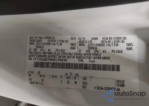 2017 Ford F-250 Lariat from USA, damaged, VIN 1FT7W2BT8HEC79230